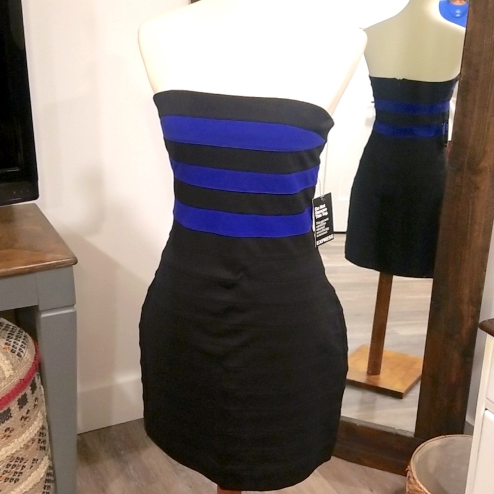 NWT Black and Blue Express Strapless Dress with Detachable Straps - size Medium